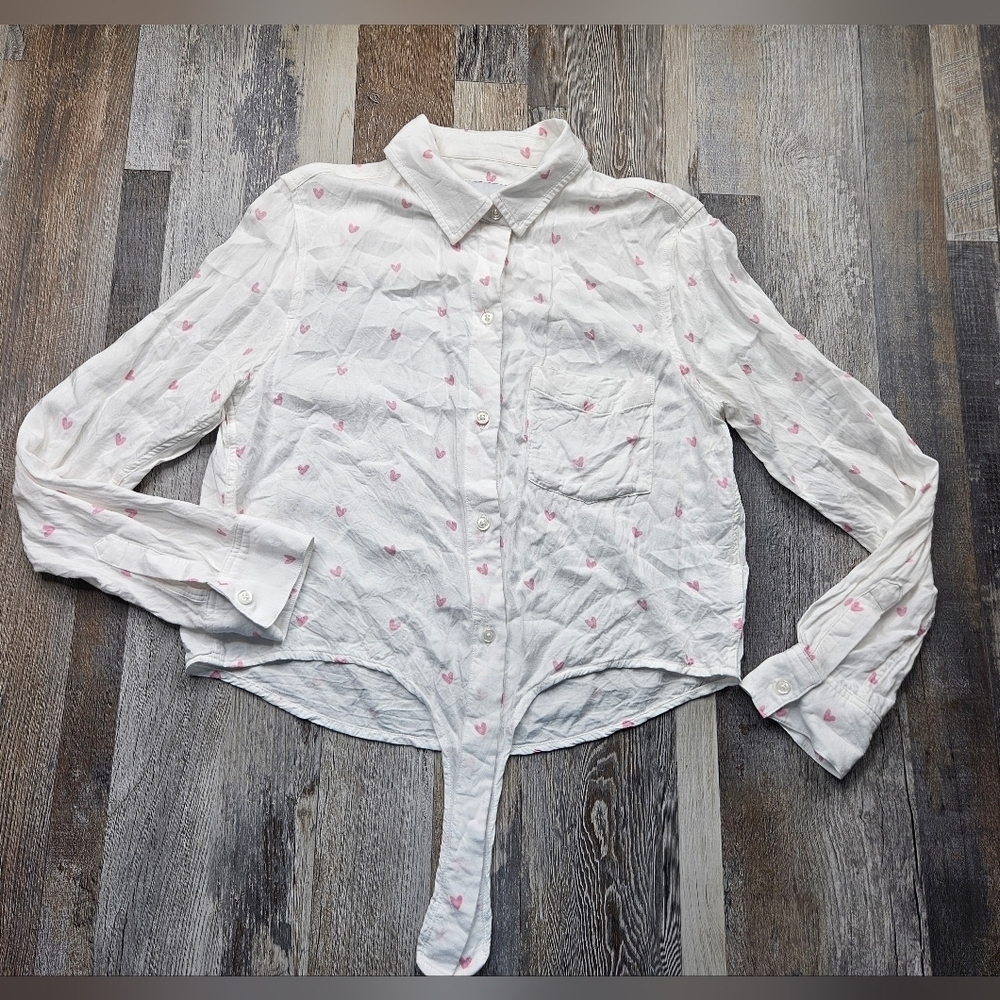 Rails Women's XS Tie Front Button Down Shirt White with Pink Hearts